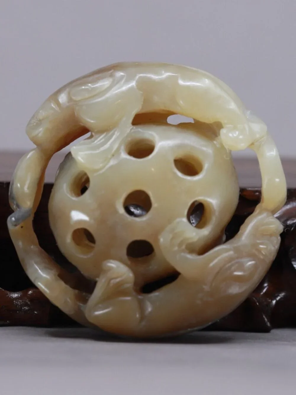 Openwork Chinese Brown Sugar Hetian Jade Pendant w Foo Dog & Ball